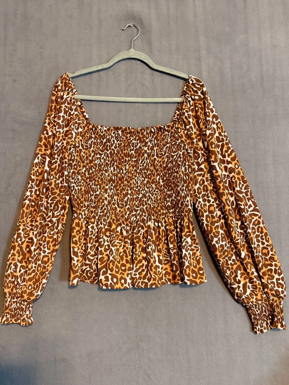 Lilly Pulitzer Brown Leopard Print Smocked Peplum Long Sleeve Blouse Cheetah